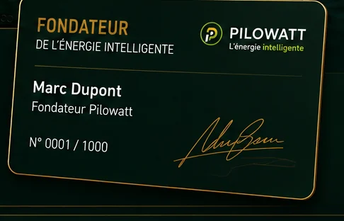 Carte de Fondateur Pilowatt : nom, statut de Fondateur et numéro sur 1 000.