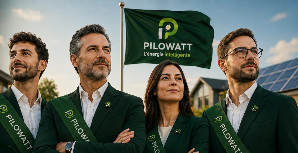 Quatre Fondateurs Pilowatt, écharpe sur l'épaule, devant le drapeau de la marque.